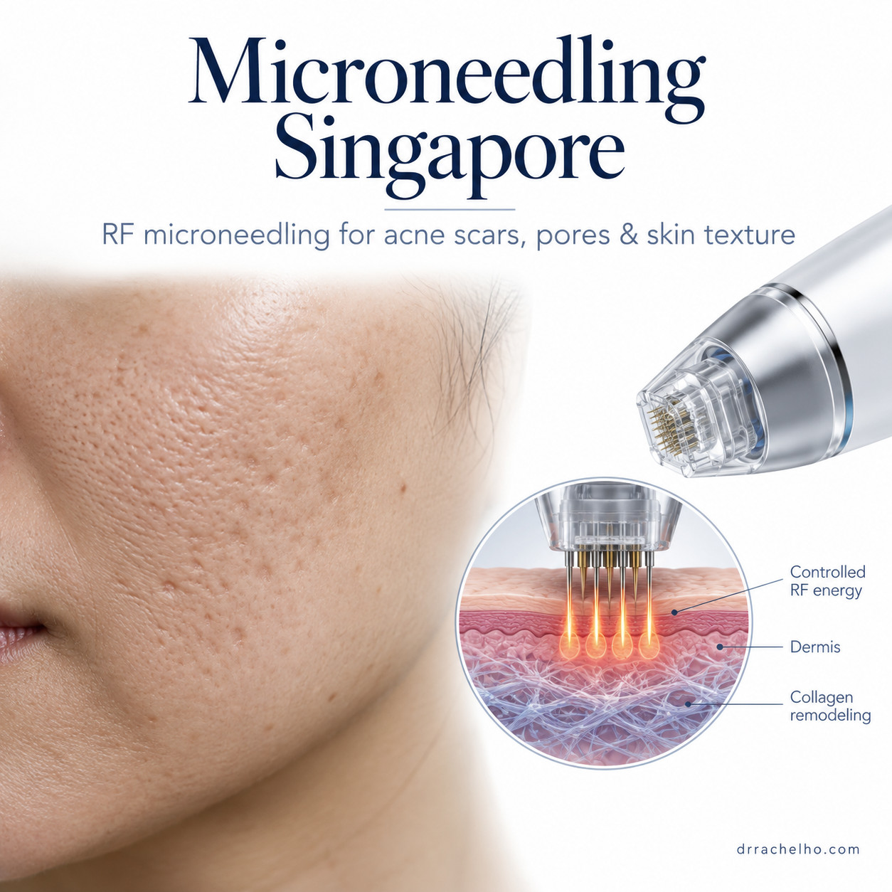 Illustrated microneedling Singapore guide showing an acne-scarred cheek, RF microneedling handpiece and skin cross-section.