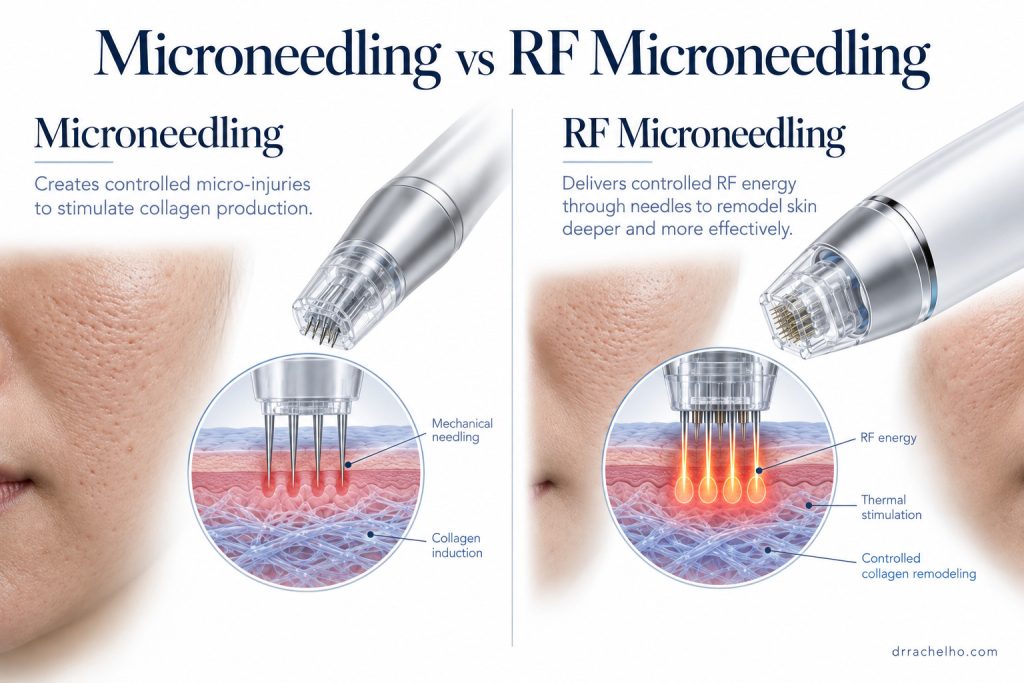 Skin cross-sections comparing conventional microneedling with RF microneedling, which adds radiofrequency heating to mechanical needling.