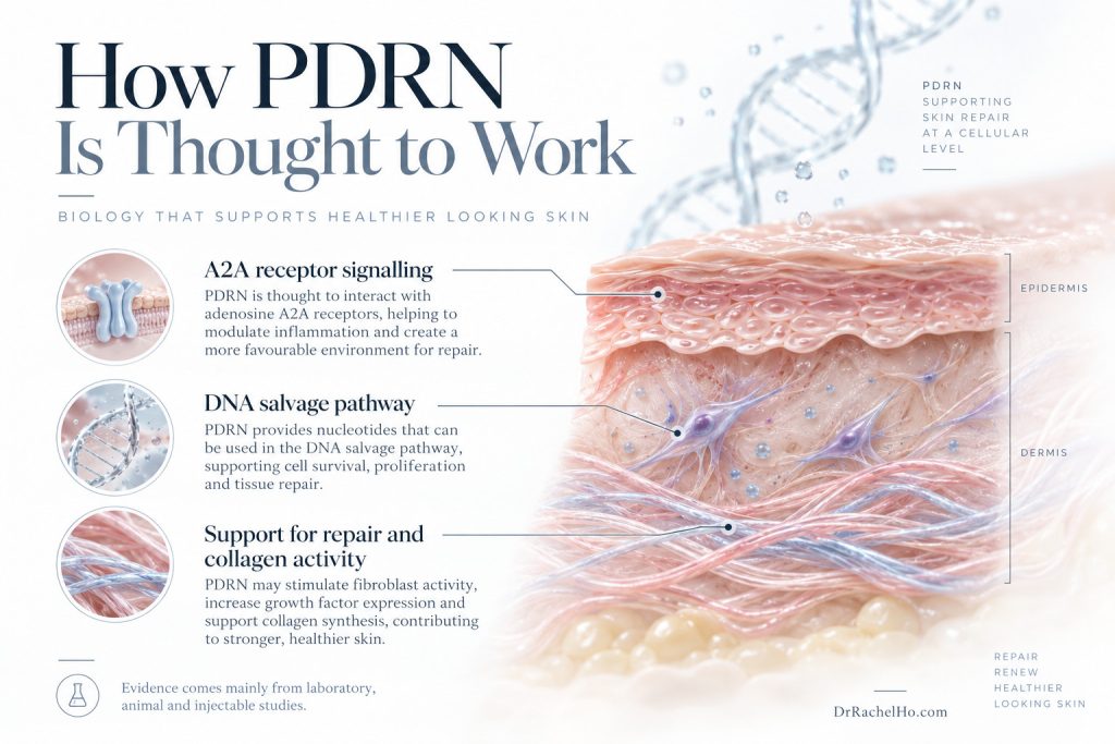 Skin illustration showing proposed PDRN mechanisms: A2A receptor signalling, nucleotide recycling and collagen activity.