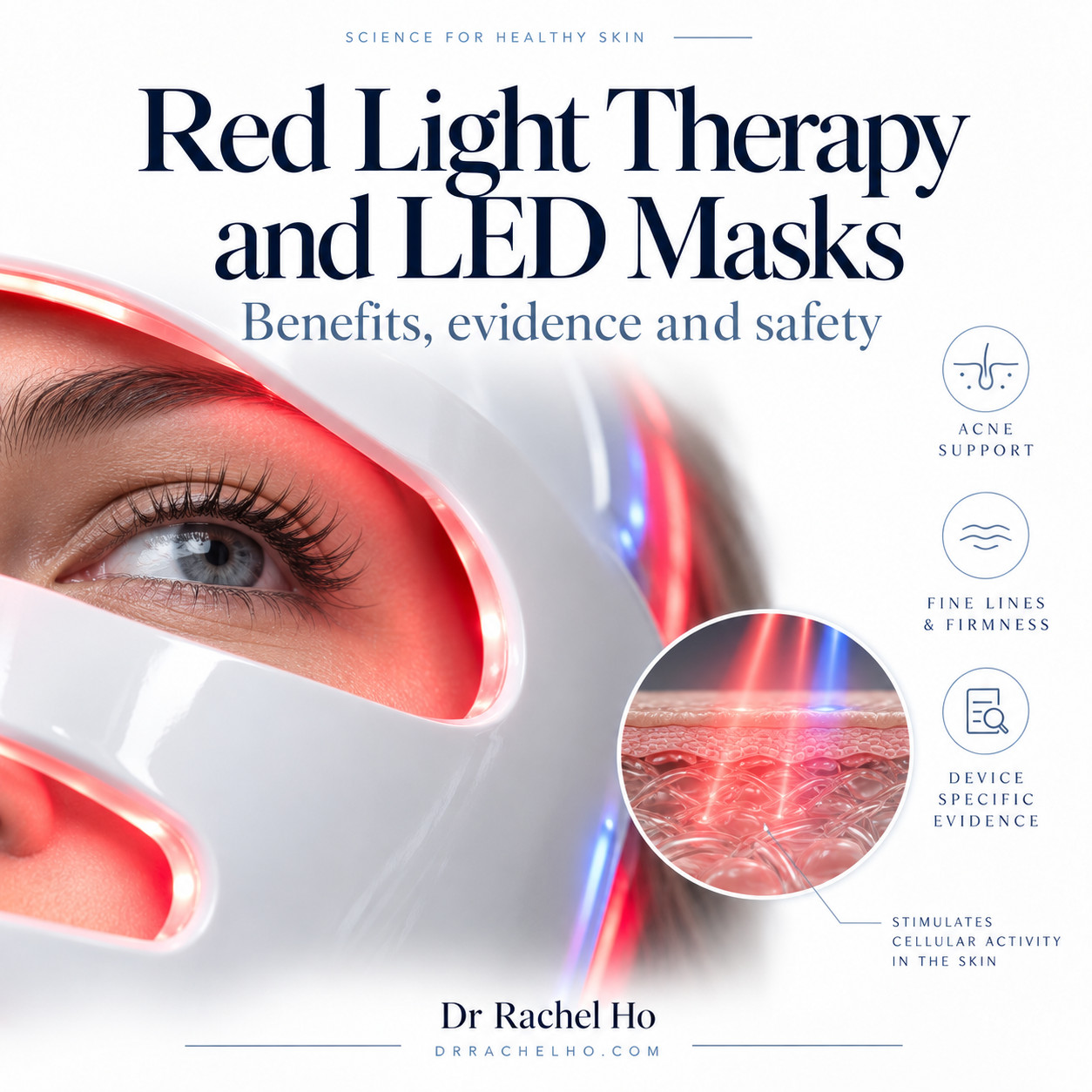 Red light therapy and LED mask guide showing red and blue facial LED light with a skin photobiomodulation illustration.