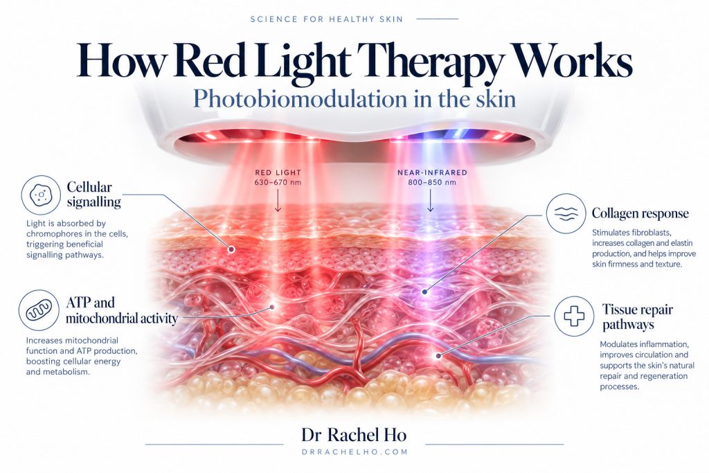 Medical illustration of red and near infrared light entering skin and influencing cellular signalling, mitochondria and collagen related pathways.
