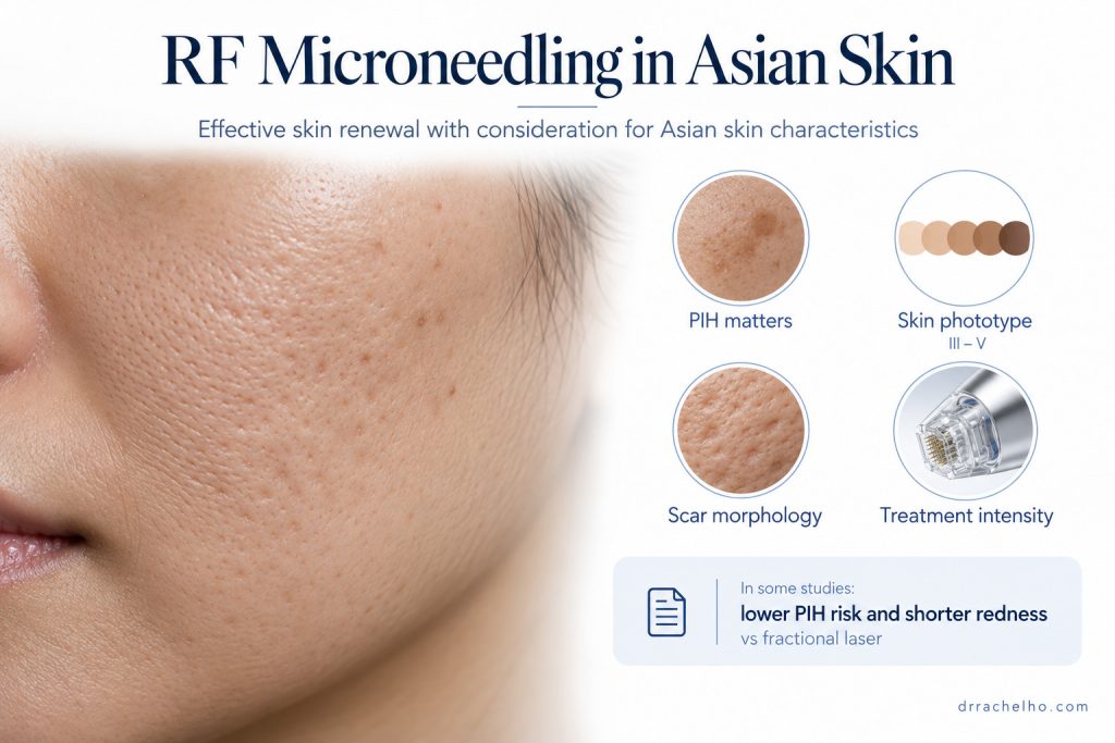 RF microneedling infographic highlighting skin phototype, pigmentation history, acne scar structure and treatment intensity in Asian skin.