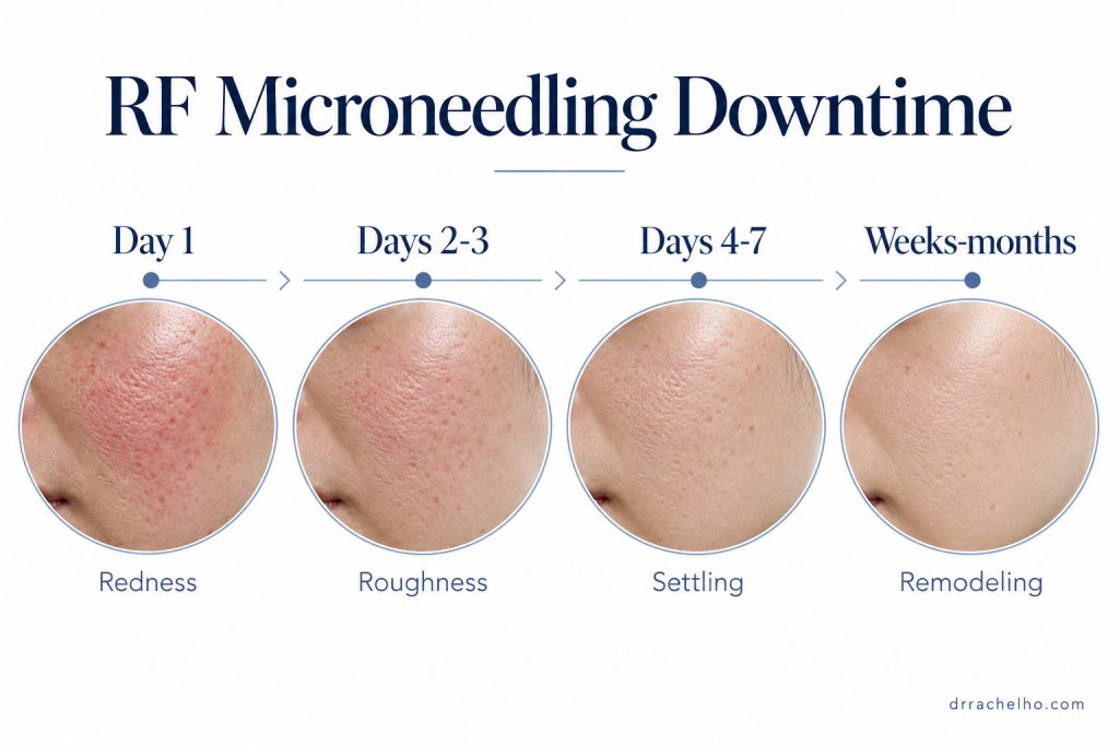 Illustrated RF microneedling recovery timeline showing early redness, temporary roughness, settling skin and longer-term remodelling.