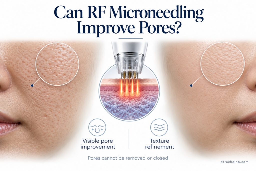 AI-generated cheek illustrations with different pore visibility, alongside an RF microneedling diagram; not patient before-and-after photographs.