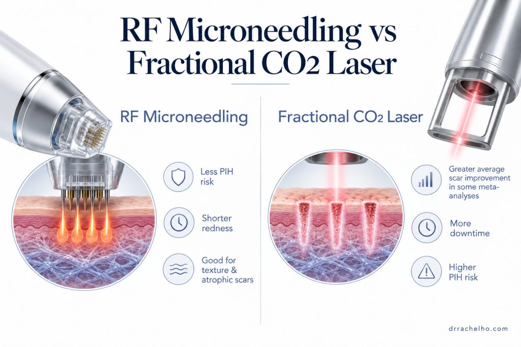 RF microneedling and fractional CO2 laser diagrams comparing dermal heating, skin resurfacing, redness and pigmentation risk.