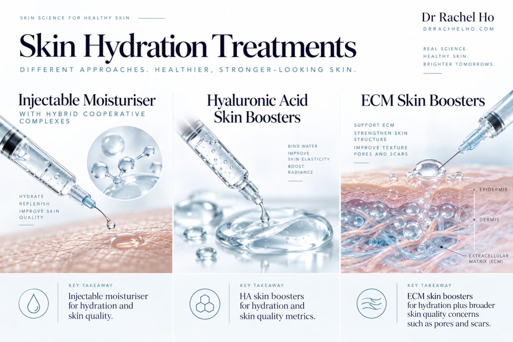 Comparison of injectable moisturiser, hyaluronic acid skin booster and ECM skin booster approaches to skin hydration.
