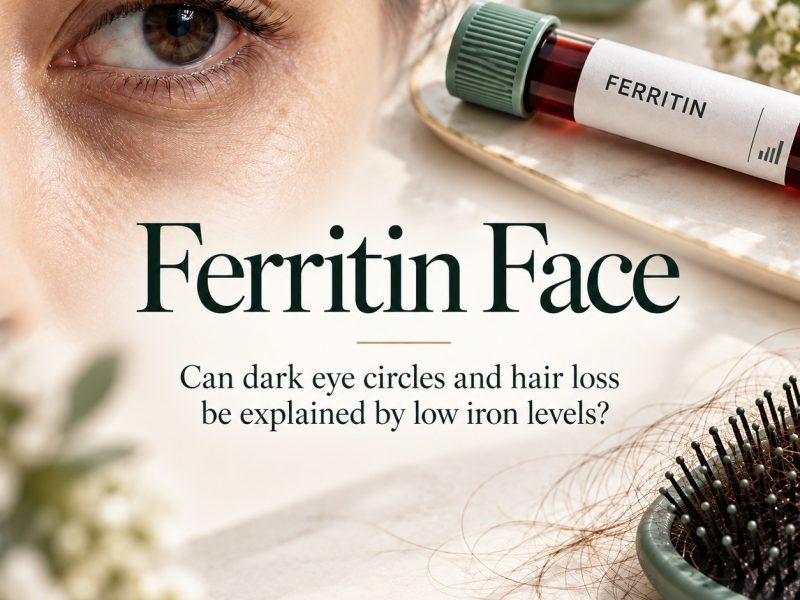 Ferritin face hero graphic showing dark under eye circles, brittle nails, hair shedding and a ferritin blood sample tube to illustrate low iron symptoms affecting skin and hair.
