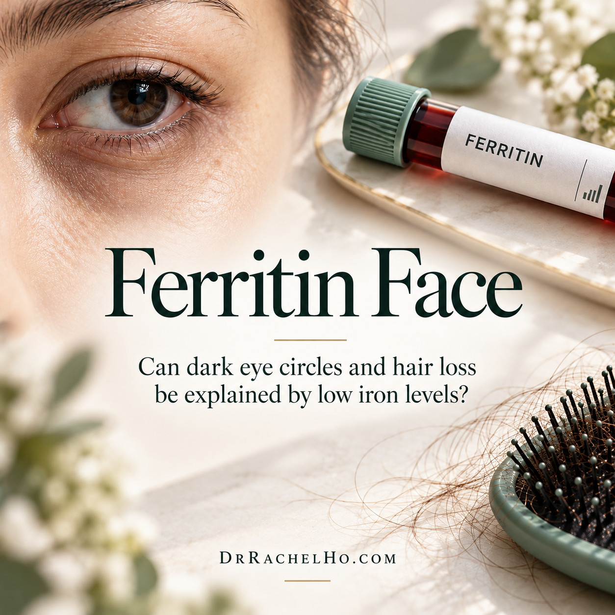 Ferritin face hero graphic showing dark under eye circles, brittle nails, hair shedding and a ferritin blood sample tube to illustrate low iron symptoms affecting skin and hair.